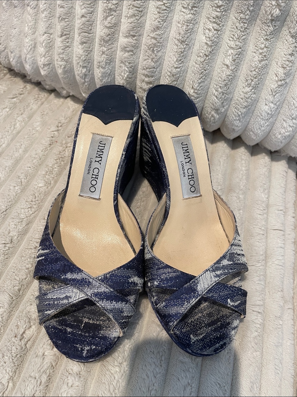 Jimmy Choo Navy and Silver Textured Slip-On Mules
